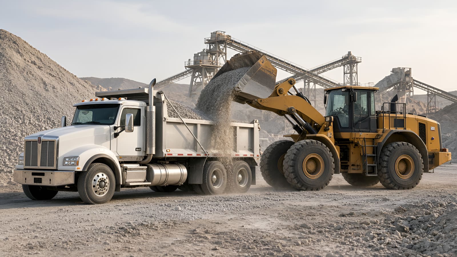 Wheel loader dumping gravel into a white dump truck at a quarry with crushing and screening conveyors behind