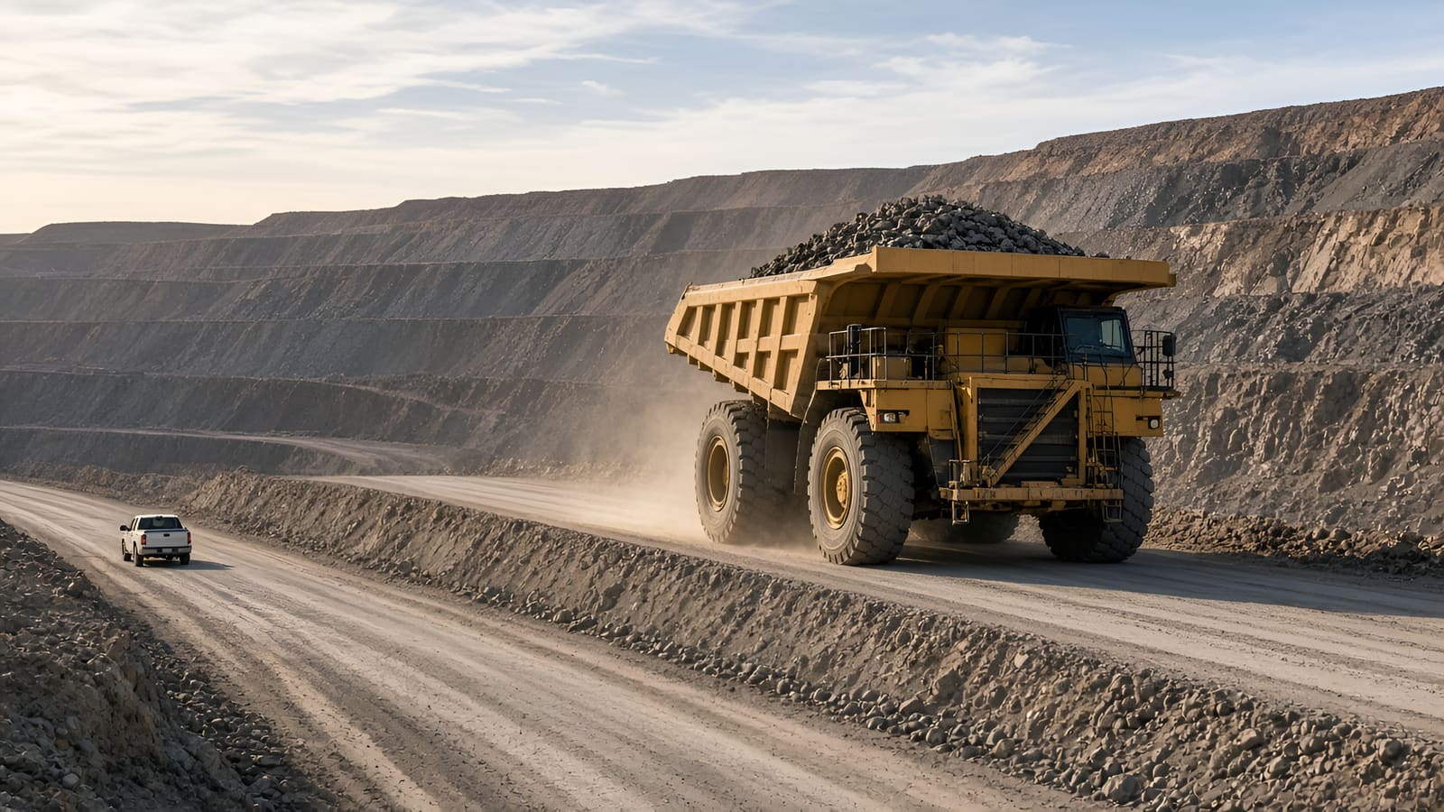 Loaded yellow haul truck driving a dusty haul road through a terraced open-pit mine, with a pickup truck on the road below