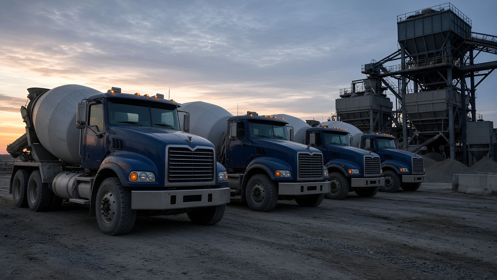 Ready-mix concrete mixer trucks lined up at a batch plant at dusk