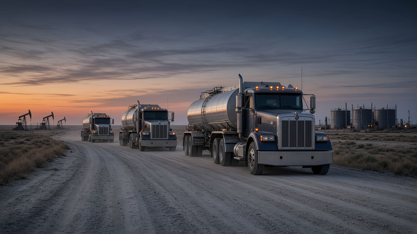 Three tanker trucks on a gravel lease road with pumpjacks and storage tanks on the horizon at dusk