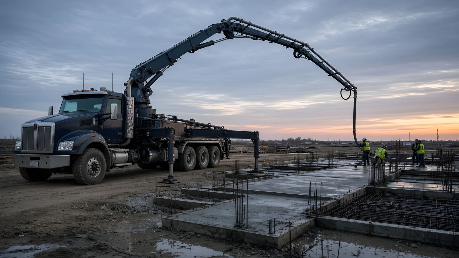 Concrete boom pump truck with its boom extended over a foundation pour as crews place concrete